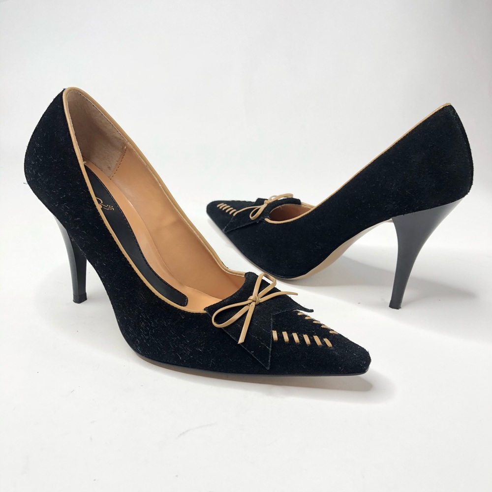 Carlos Santana Tan Bow Leather Suede Pointy Heels